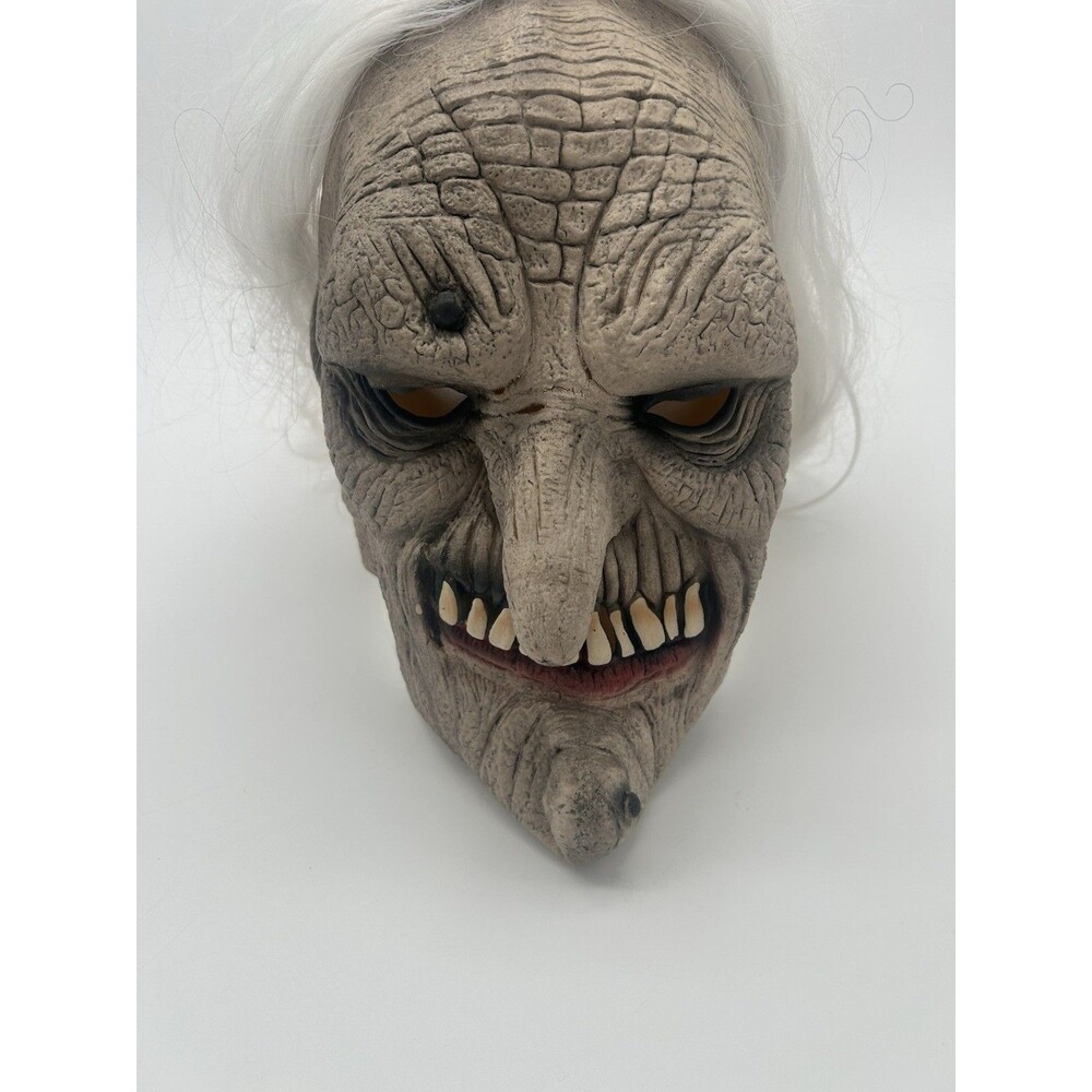 Vintage Halloween Creepy Witch Hag Mask White Hair Long Nose Latex Costume